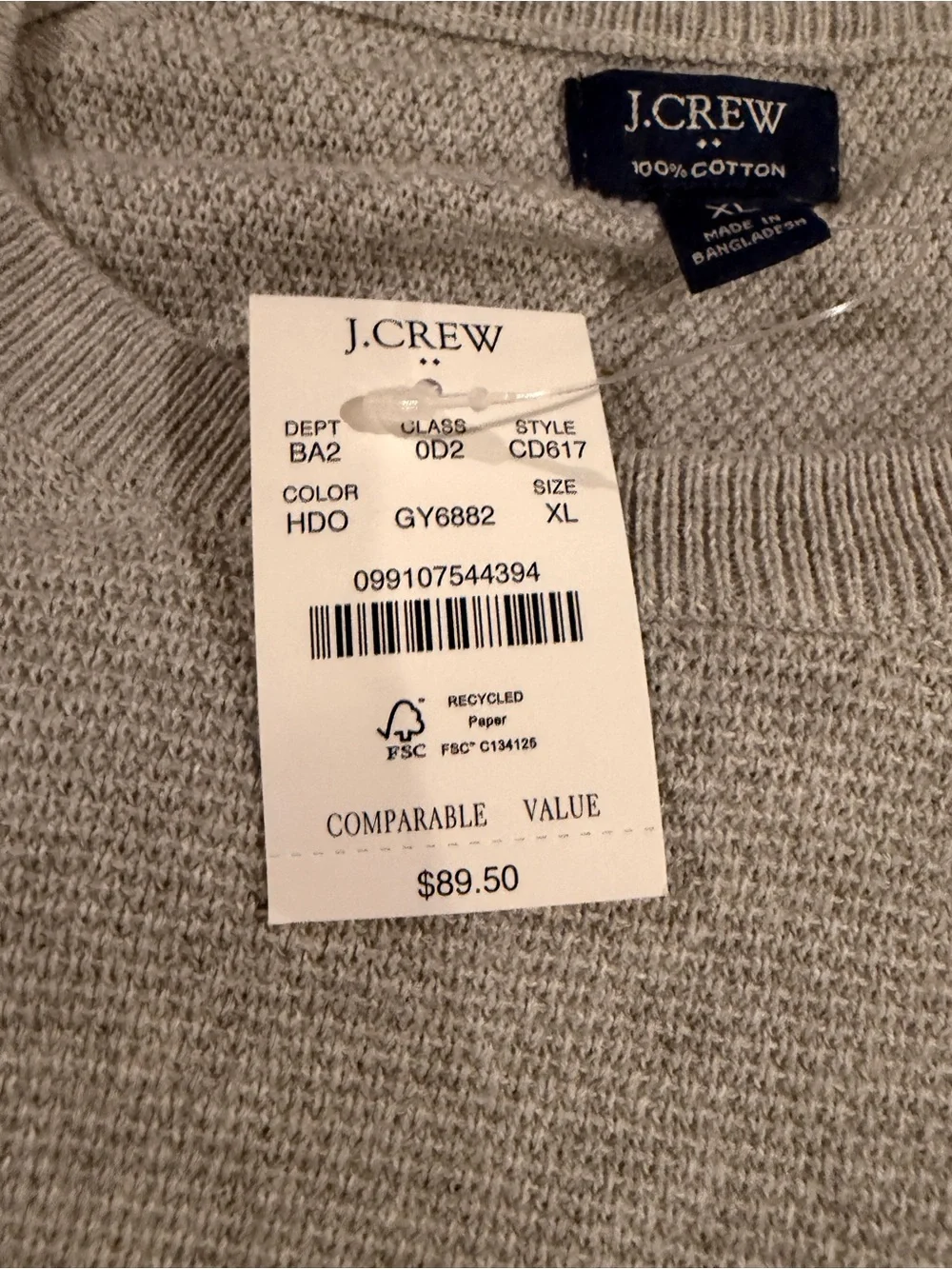 NWT J. Crew Men's XL Light Gray Crewneck Sweater - 100% cotton